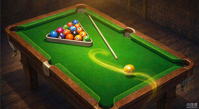 8 Ball Pool - green felt billiards table with numbered balls and a cue stick