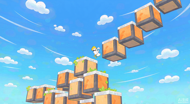 Block Climber - character jumping between floating cube platforms high in the sky
