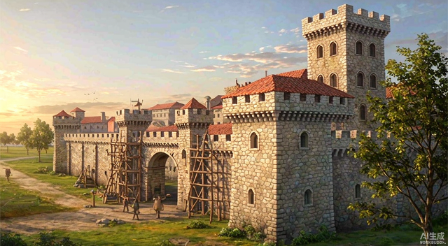 Castle Craft - stone fortress under construction with scaffolding and archer towers
