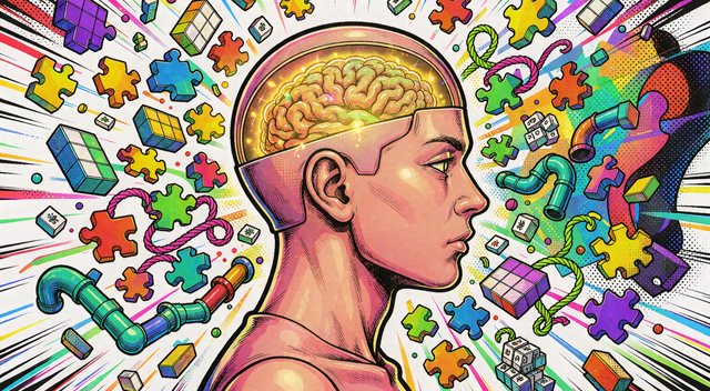 Comic illustration of a glowing puzzle-piece brain surrounded by logic games
