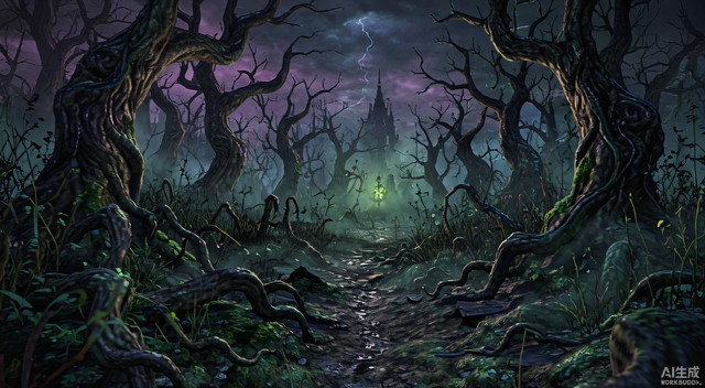 Horror Tale 3: The Witch - foggy forest path with a distant lantern