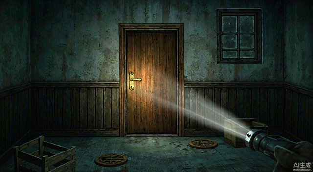 Horror Tale: Kidnapper - dim abandoned room with a flashlight beam in the horror escape game