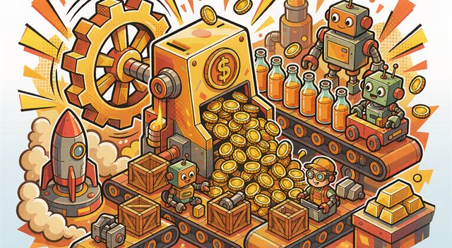 Comic illustration of an automated factory with conveyor belts, gears and coins