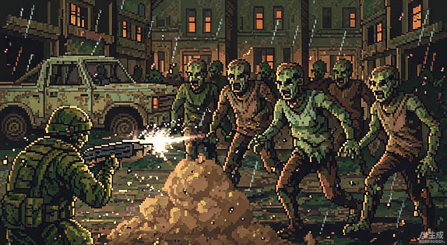 Pixel Combat: Zombies Strike - pixel art soldier firing at a zombie horde