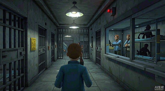 Prison Life AUR - dim prison cell block corridor with barred doors in this escape game