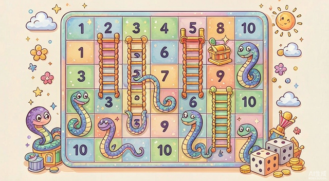 Snakes and Ladders - colorful numbered board with ladders and cartoon snakes