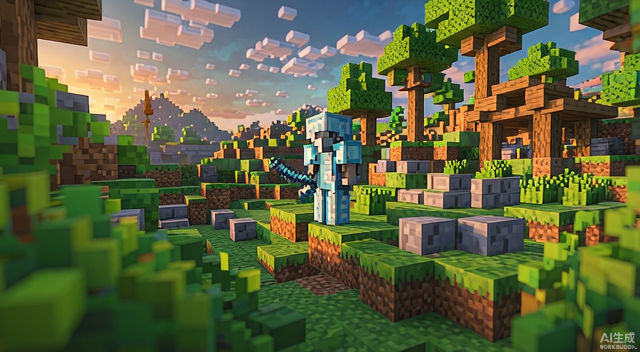Survival Craft Adventure - blocky voxel landscape with a wooden shelter at sunset