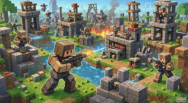 Voxiom.io - voxel battle royale scene with player-built fortifications and a rifle