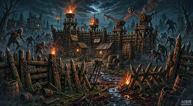 Zombie Horde Build Survive - fortified wooden barricade defending against zombies at night